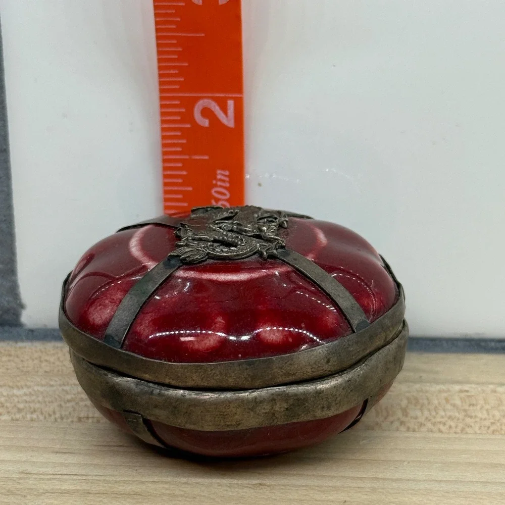 Vintage Chinese Dragon Porcelain Trinket Box Red stamped Metal Wrap 2.5in raku‎